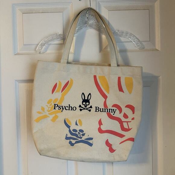 Psycho Bunny Beige Colorful Canvas Tote Bag - Picture 2 of 8